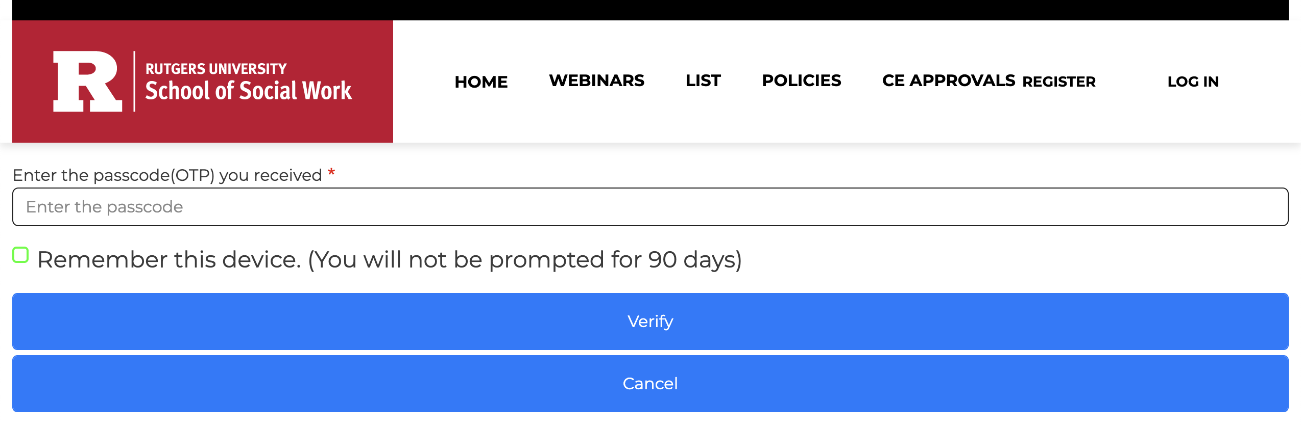 A screenshot showing the user interface presenting a form requiring passcode