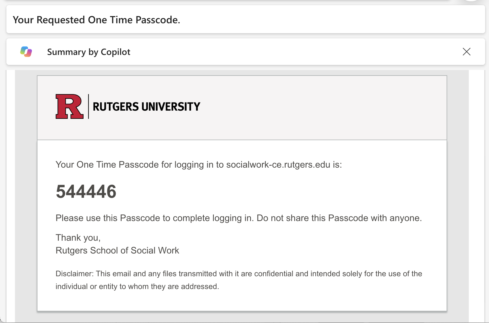 A screenshot of an email containing the one-time passocde