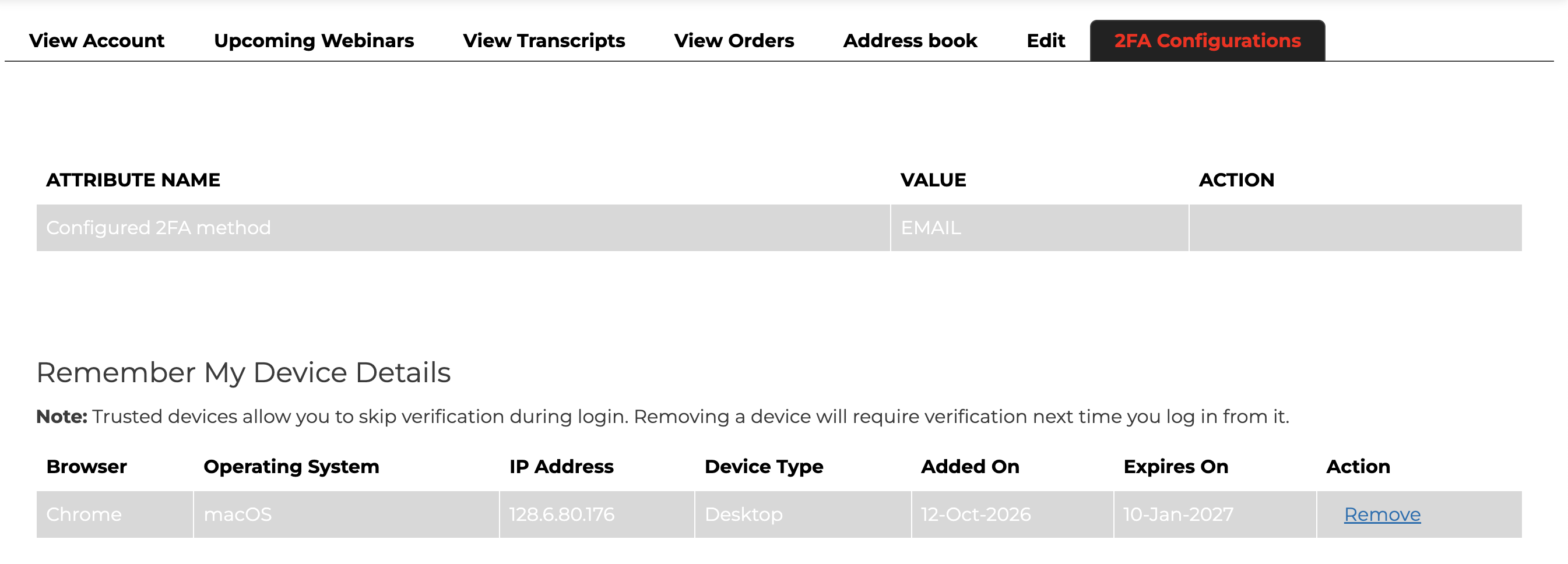 Screenshot showing account area to manage allowed devices